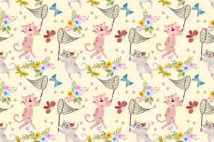 Cat and Butterfly in Flowers Garden Pattern